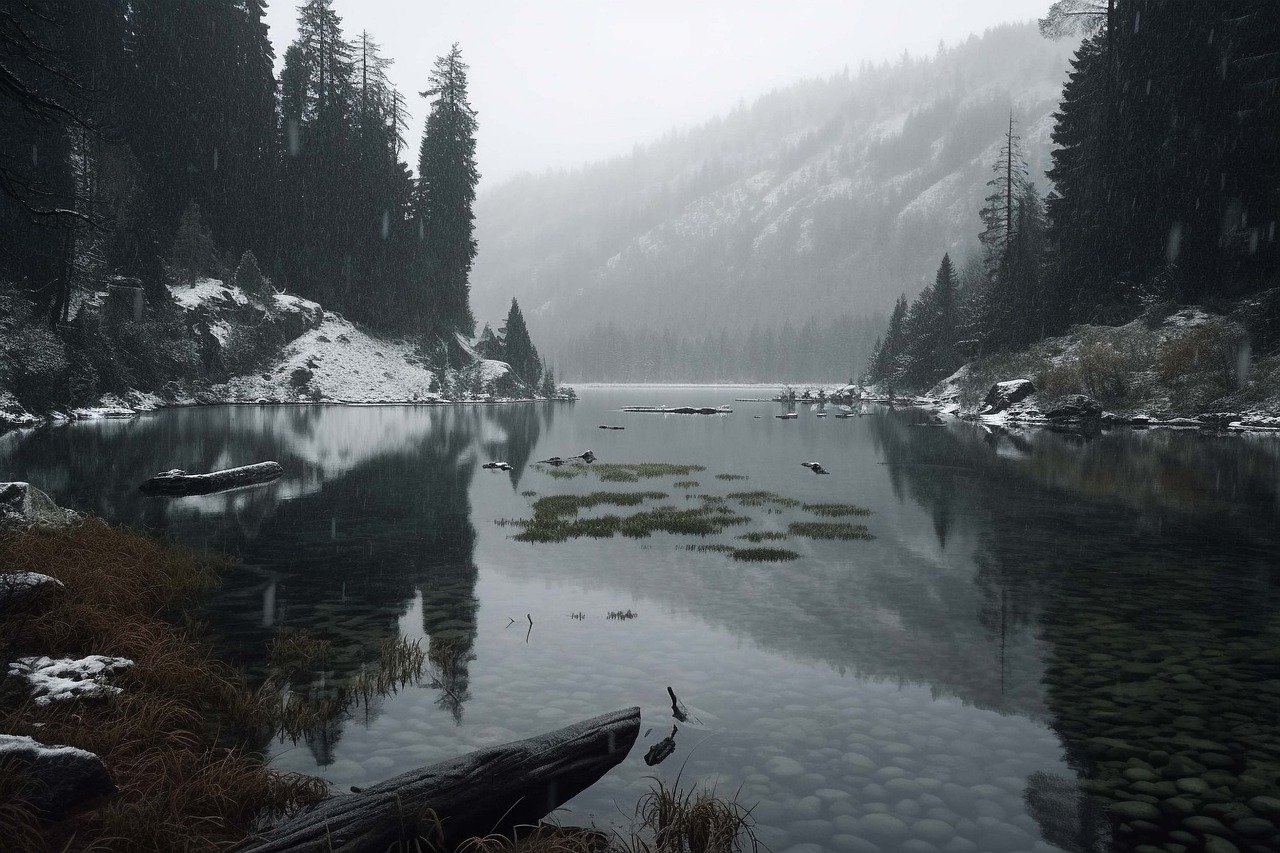 mountain lake trees alps snow 7879029